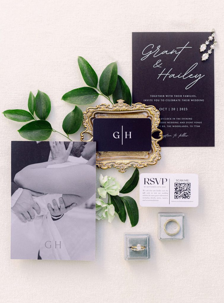 A montage of Grant and Hailey's wedding items: the Invitation, rings, and the bride's earrings.