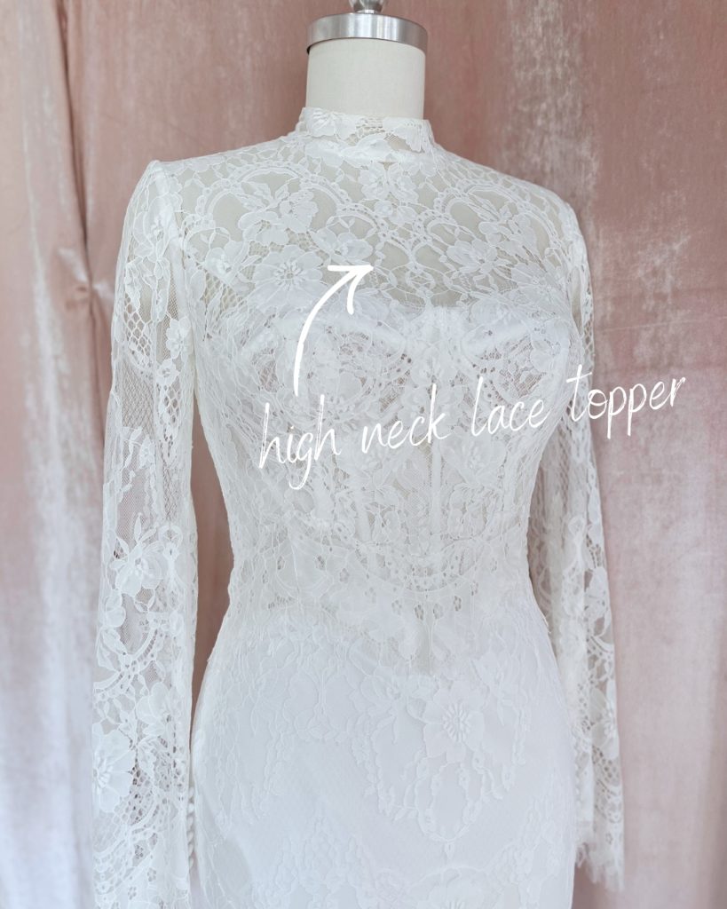 chantilly lace, high neck topper on a full lace wedding dress