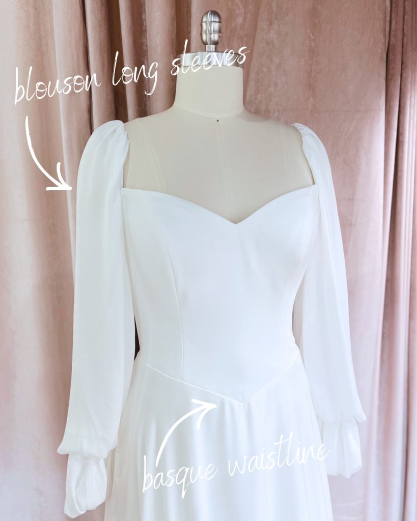 chiffon dress with Basque waistline and flowy blouson long sleeves